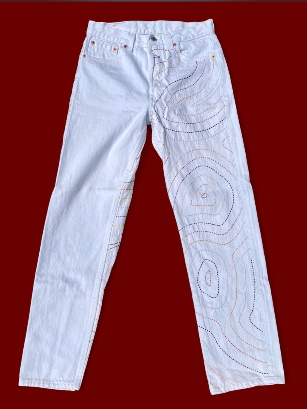 Custom Levi’s 501 Jeans Hand Embroidered Contour Lines Design